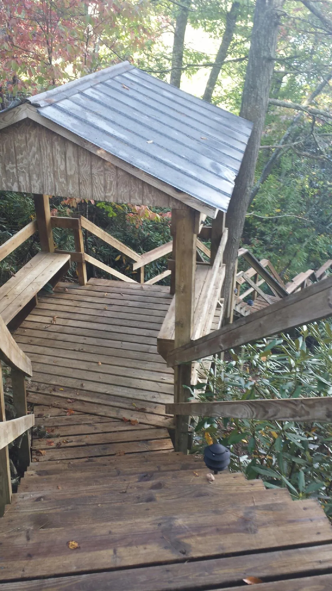 Metal roofed shelter over wooden steps on a wooded walkway — Skylight Repair & Installation work by our crew in Adrian